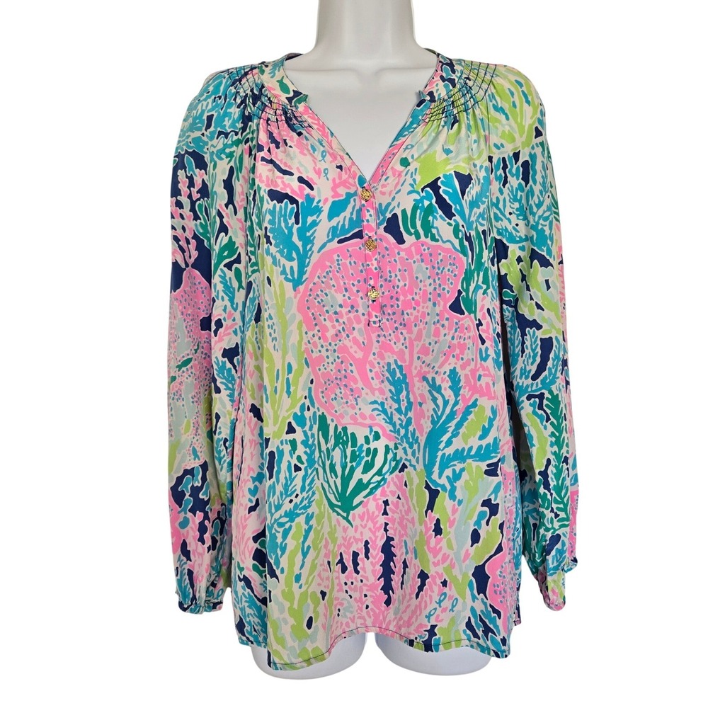 Lilly Pulitzer Pink Blue Coral Print Silk Blouse Sz S Resort Preppy Coastal Chic - Picture 2 of 10